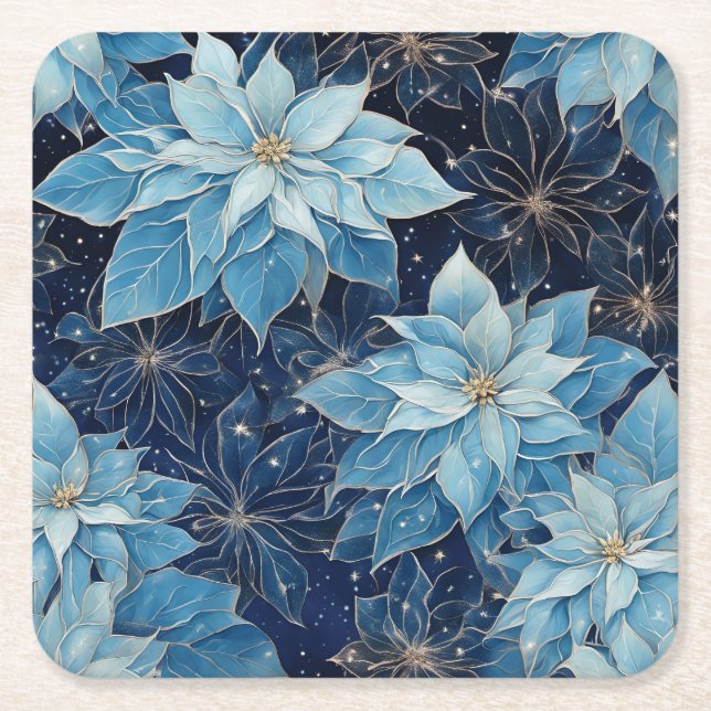 Posavasos Cuadrado De Papel Fantasía azul Poinsettia (Anverso)