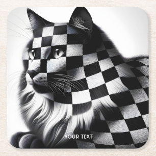 Posavasos Cuadrado De Papel Fantasía Cute Checkered, gato encantador