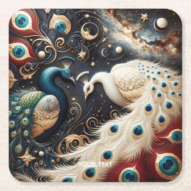 Posavasos Cuadrado De Papel Fantasía Cute Peacocks Feminios Crescent Fethers (Anverso)
