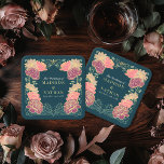 Posavasos Cuadrado De Papel Fantasía Encantada Boda de Jardín Floral<br><div class="desc">Elegante,  caprichoso,  fantástico diseño de bodas en el jardín floral encantado,  perfecto para una celebración encantadora con temática forestal. Este diseño presenta elementos florales en un marco de hojas verdes y acentos dorados. Artículos coincidentes en nuestra tienda para un tema fiesta completo.</div>