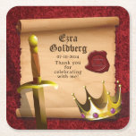 Posavasos Cuadrado De Papel Fantasía Espada Corona Medieval Knight Bar Mitzvah<br><div class="desc">Espada de fantasía y corona Judía Bar Mitzvah estofado de papel personalizado. Esta montaña de papel Mitzvah, que en tiempos medievales era una espada de fantasía y una hechicera, presenta un fondo de terciopelo rojo, un pergamino simulado, una corona de rey o príncipe, una espada y un sello de cera...</div>