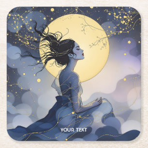 Posavasos Cuadrado De Papel Fantasía Mujer Cute Árboles Luna