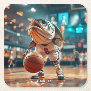 Posavasos Cuadrado De Papel Fantasía Pescado Cute Jugando Baloncesto