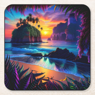 Posavasos Cuadrado De Papel Fantasía Playa Tropical Tres