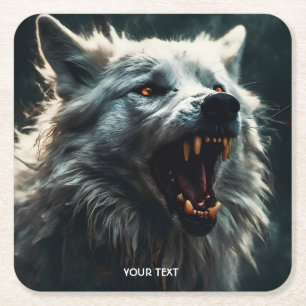 Posavasos Cuadrado De Papel Fantasía suave lobo blanco enojado