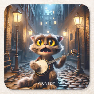 Posavasos Cuadrado De Papel Fantasía, un gato lindo jugando banjo