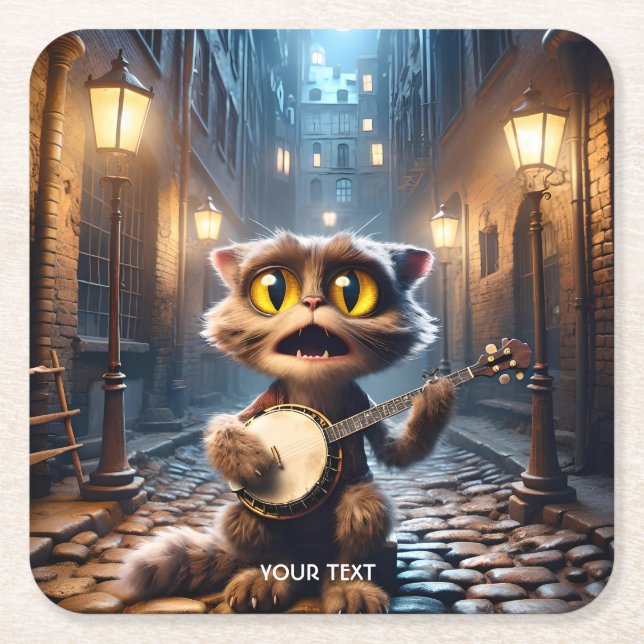 Posavasos Cuadrado De Papel Fantasía, un gato lindo jugando banjo (Anverso)