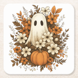 Posavasos Cuadrado De Papel Fantasma Adorable Con Calabaza Y Flores De Otoño –