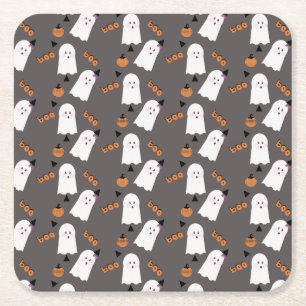 Posavasos Cuadrado De Papel Fantasma adorable de Halloween, confeti gris naran