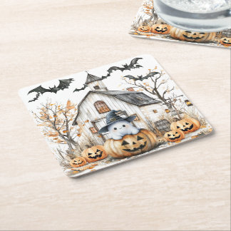 Posavasos Cuadrado De Papel Fantasma blanca y Naranja con grano de otoño