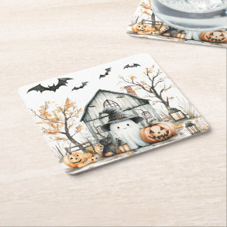 Posavasos Cuadrado De Papel Fantasma blanca y Naranja con grano de otoño