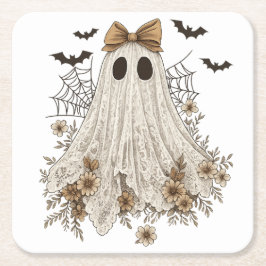 Posavasos Cuadrado De Papel Fantasma de encaje elegante con lazo | Fantasma fl
