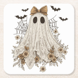 Posavasos Cuadrado De Papel Fantasma de encaje elegante con lazo Fantasma fl