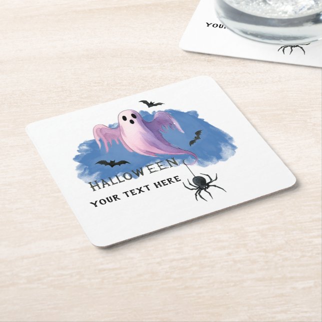 Posavasos Cuadrado De Papel Fantasma de HALLOWEEN con Araña (En perspectiva)