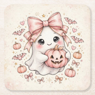 Posavasos Cuadrado De Papel Fantasma de Halloween con Lazo Rosa Adorable