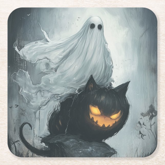 Posavasos Cuadrado De Papel Fantasma de Halloween montando un gato negro (Anverso)