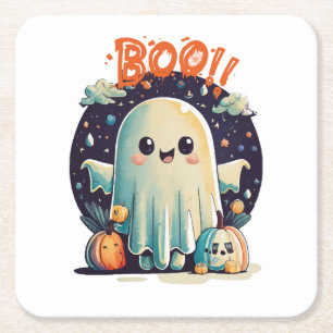 Posavasos Cuadrado De Papel Fantasma divertido de Halloween en la galaxia
