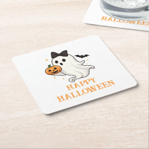 Posavasos Cuadrado De Papel Fantasma suave con barba y calabaza Halloween
