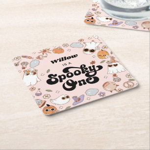 Posavasos Cuadrado De Papel Fantasma Un Groovy Halloween 1er cumpleaños
