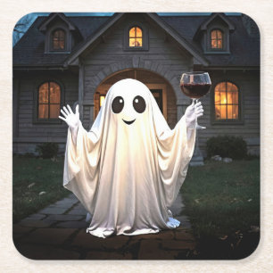 Posavasos Cuadrado De Papel Fantasma y vino de Halloween