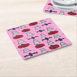 Posavasos Cuadrado De Papel Fantasmas rosados de Halloween, murciélagos y Jack