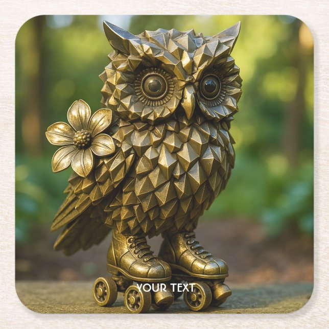 Posavasos Cuadrado De Papel Fantasy Cute Brass Owl Skates (Anverso)