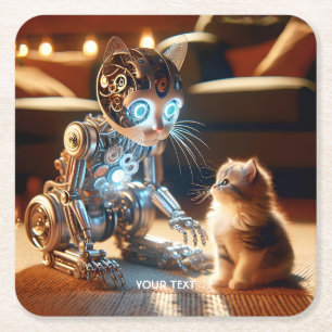 Posavasos Cuadrado De Papel Fantasy Cute Cyborg Cat Kitten