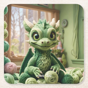 Posavasos Cuadrado De Papel Fantasy Cute Green Yarn Dragon