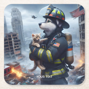 Posavasos Cuadrado De Papel Fantasy Cute Kitten Dog Fire