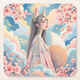 Posavasos Cuadrado De Papel Fantasy Cute Pink Fox Lady