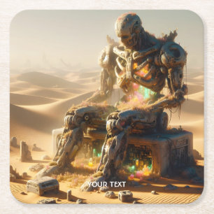 Posavasos Cuadrado De Papel Fantasy Cute Rusty Robot Desert