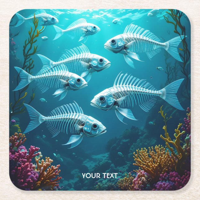 Posavasos Cuadrado De Papel Fantasy Cute Skeleton Fish School (Anverso)