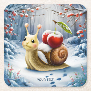 Posavasos Cuadrado De Papel Fantasy Cute Snail Cherry Winter