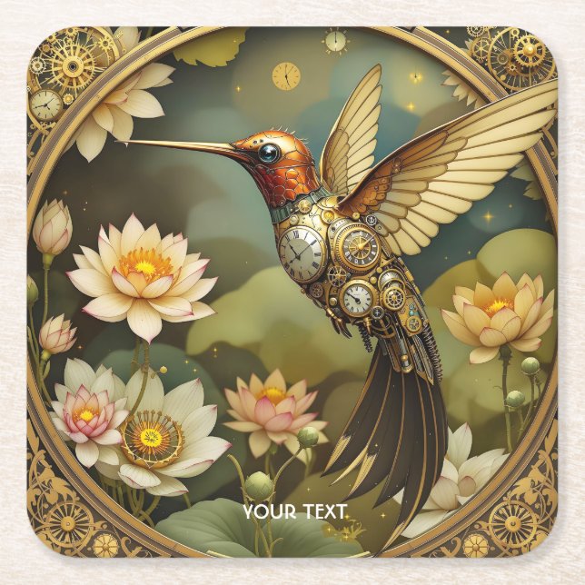 Posavasos Cuadrado De Papel Fantasy Cute Steampunk Bird Clock (Anverso)