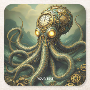 Posavasos Cuadrado De Papel Fantasy Cute Steampunk Clock Kraken