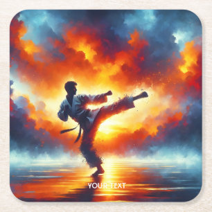 Posavasos Cuadrado De Papel Fantasy Cute Sunset Karate Fighter