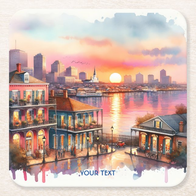 Posavasos Cuadrado De Papel Fantasy Cute Sunset New Orleans View (Anverso)