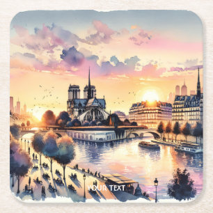 Posavasos Cuadrado De Papel Fantasy Cute Sunset Paris Watercolor