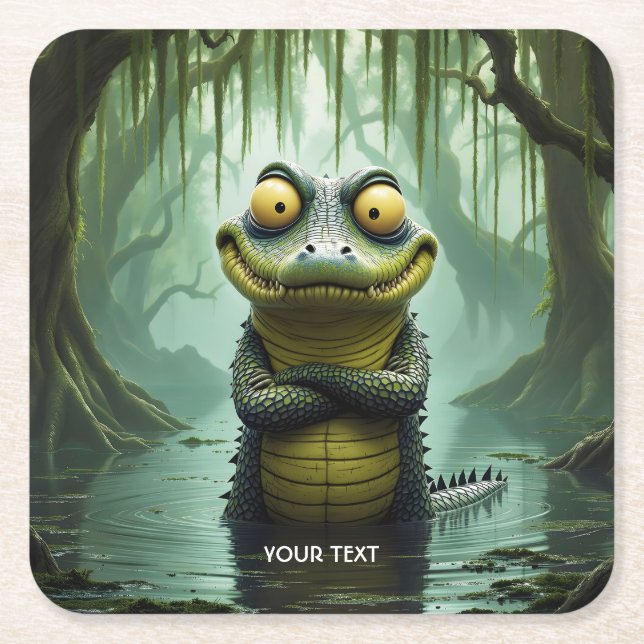 Posavasos Cuadrado De Papel Fantasy Cute Swamp Forest Crocodile (Anverso)