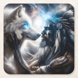 Posavasos Cuadrado De Papel Fantasy Cute Wolf Tribal Man