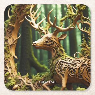 Posavasos Cuadrado De Papel Fantasy Cute Wooden Carving Deer