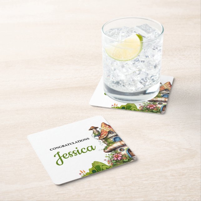 Posavasos Cuadrado De Papel Fantasy Magical Fairy House Baby Shower (In situ)