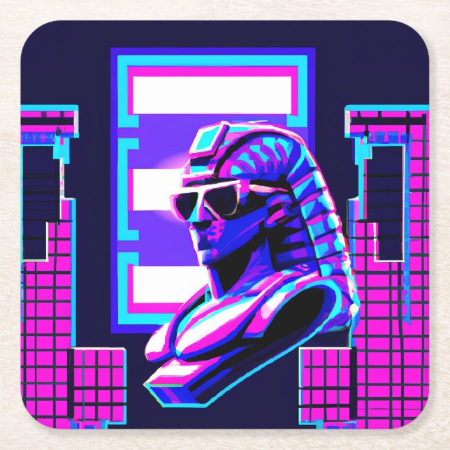 Posavasos Cuadrado De Papel Faraón Synthwave (Anverso)
