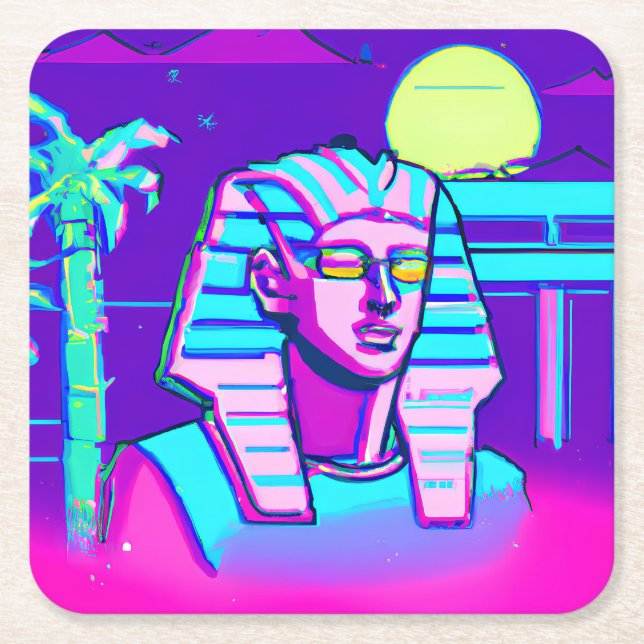 Posavasos Cuadrado De Papel Faraón Synthwave (Anverso)