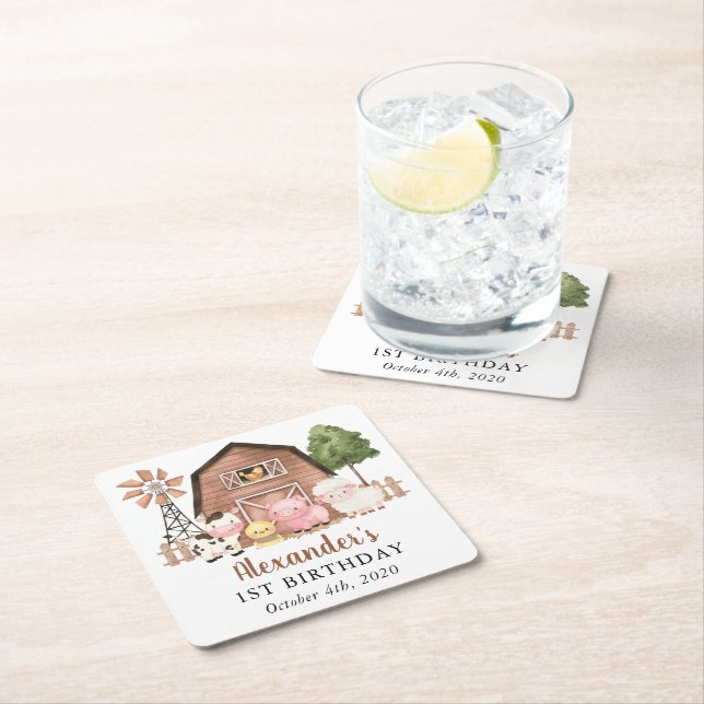 Posavasos Cuadrado De Papel Farm Animals, Cute Animals, Barn, First Birthday (In situ)