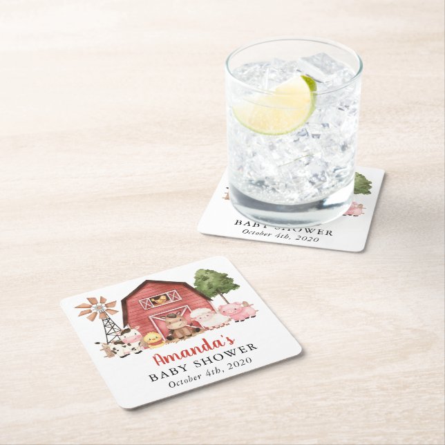 Posavasos Cuadrado De Papel Farm Animals, Cute Animals, Red Barn, Baby Shower (In situ)