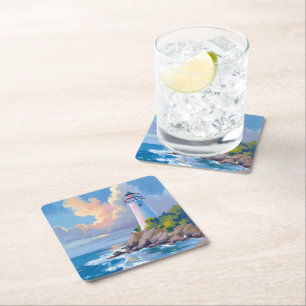 Posavasos Cuadrado De Papel Faro costero olas del mar azul océano