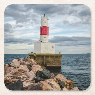 Posavasos Cuadrado De Papel Faro del rompeolas del puerto de la isla de
