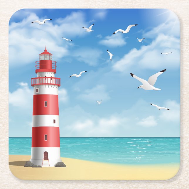 Posavasos Cuadrado De Papel Faro En La Playa (Anverso)