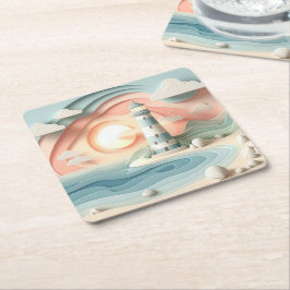 Posavasos Cuadrado De Papel Faro junto al mar